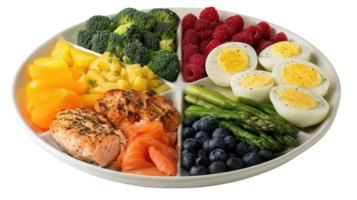 Divided plate presenting a healthy balanced diet with transparent background png