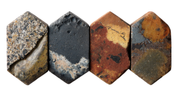Four hexagonal decorative tiles showing different colors and textures on transparent background png