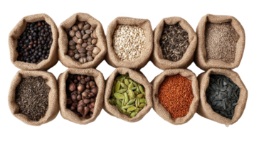 Various spices and seeds in burlap sacks forming a colorful and textured arrangement on transparent background png