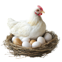 White hen with eggs nest on transparent background png