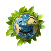 Happy earth with leaves on transparent background png