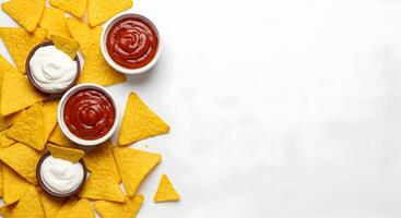 Serving Nachos with Ketchup and Cream on White Background photo