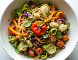 Serving of Pasta Salad with Fresh Vegetables on Plate photo