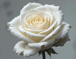 Close-up of White Rose with Water Droplets on Petals photo