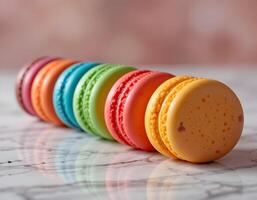Colorful Macarons Array on Marble Surface Close Up photo