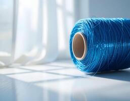 Blue Thread Spool on White Surface Near Window with Daylight photo