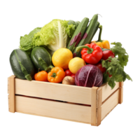 Wooden box with fresh picked vegetables ideal for farm branding and grocery delivery png