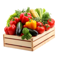 Freshly harvested vegetables in a rustic wooden box ready for market or farm to table cooking png