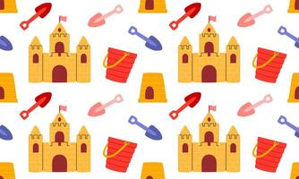 Sand castles seamless pattern. Summer holiday background. Beach activities of fun in the sand with shovel and bucket, building construction. Hand drawn illustration vector