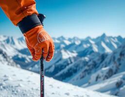 Gloved Hand Holding Ski Pole with Mountain View photo