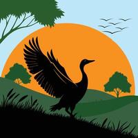 silhouette of a duck flying over a field with sunset vector
