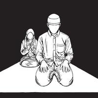 Muslim Couple Praying in Islamic Tradition - Line Art Illustration vector