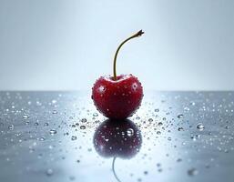 Single Cherry with Water Droplets and Reflection on Shiny Surface photo