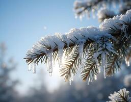 Snowy Pine Branch with Icicles on Sunny Winter Day photo