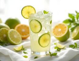 Refreshing Citrus Drink with Ice and Lime Slices on White Background photo