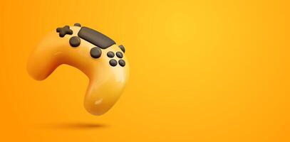 3d Glossy Game Controller. Bright Orange Game Controller with Black Buttons Floating on Vibrant Yellow Background Illustration. Modern Joystick Gaming Technology, digital entertainment. vector