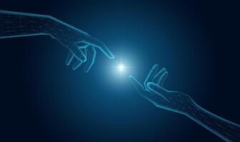 Futuristic wireframe hand, with a mesh glowing light. AI, technology concept. vector