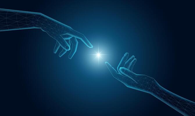Futuristic wireframe hand, with a mesh glowing light. AI, technology concept.