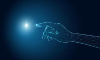 Wireframe hand, with a mesh glowing light. AI, technology, or connection concept. vector