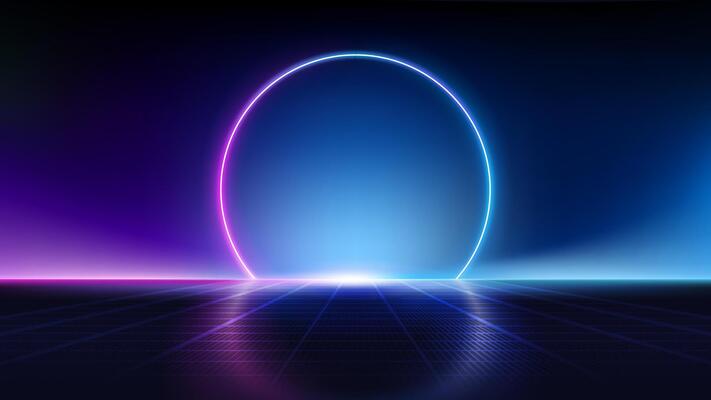 Abstract background with neon glowing circle light and gradient colors, for futuristic modern backdrop designs.