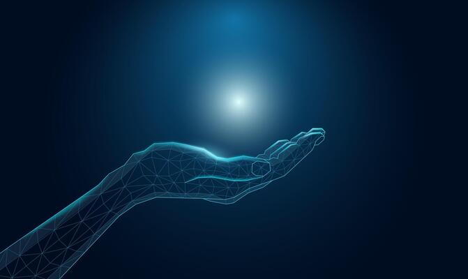 Futuristic wireframe hand, with a mesh light, AI, technology, or connection concept.