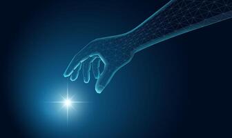 Futuristic wireframe hand, with a mesh glowing light. AI or connection concept. vector