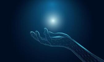 Futuristic wireframe mesh hand, with a glowing light. AI, technology, or connection concept. vector