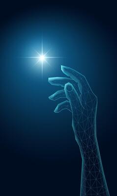 Futuristic wireframe hand, with glowing light.