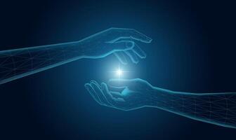 Futuristic wireframe hand, with a mesh glowing light illustration. vector