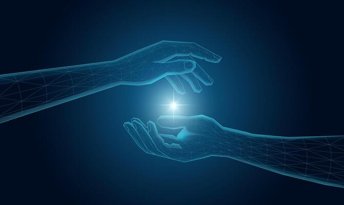 Futuristic wireframe hand, with a mesh glowing light illustration.