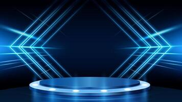 Abstract futuristic background featuring a podium with glowing lights and speedline. vector