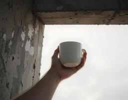 Holding a White Mug in Hand with a Cloudy Background photo