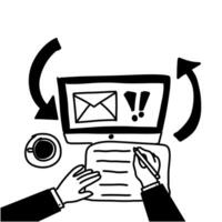A hand is holding a laptop and writing an email vector