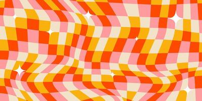 Trippy groovy checker background. Retro wavy abstract checkerboard backdrop. Curved distorted check geometric pattern. Pink, red, yellow and beige colors vector