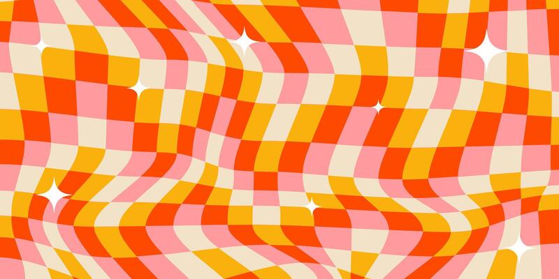 Trippy groovy checker background. Retro wavy abstract checkerboard backdrop. Curved distorted check geometric pattern. Pink, red, yellow and beige colors