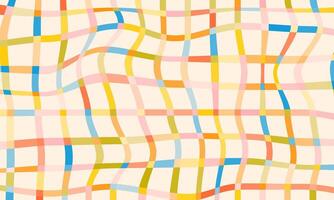 Fun colorful crossed lines grid background. Abstract geometric backdrop in childish doodle style. Retro rainbow plaid design. Festive playful multi colored striped banner template vector