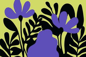 Art background with abstract groovy flowers and leaves. Trendy design in naive retro hippie 60s-70s style. Simple hand drawn illustration vector