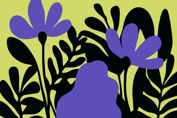 Art background with abstract groovy flowers and leaves. Trendy design in naive retro hippie 60s-70s style. Simple hand drawn illustration