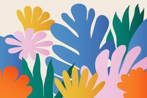 Abstract botanical art background. Simple design with hand leaves and flowers. Contemporary colorful backdrop in naive style vector