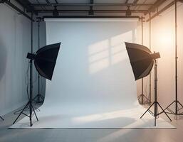 Studio Setup with Softbox Lights and White Backdrop for Photography photo