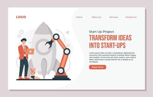 landing page Startup business concept. Businessman working with laptop. illustration in flat style vector