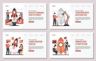 Startup business Cartoon flat tiny businessman and businesswoman characters standing near computer monitor with rocket on white background landing page vector