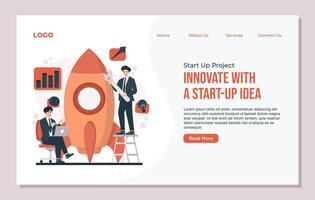 landing page Startup concept with rocket and people. Flat design illustration. vector