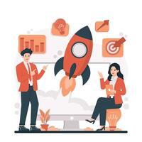 Startup business concept illustration. Cartoon flat tiny businessman and businesswoman characters standing near computer monitor with rocket on white background. vector