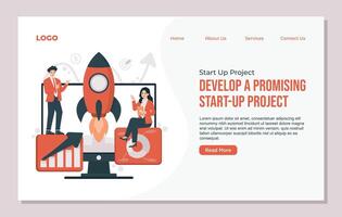 Startup business concept illustration. Cartoon flat tiny businessman and businesswoman characters standing near computer monitor with rocket on white background landing page vector