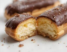 Eclair Cut Open Showing Cream Filling and Chocolate Icing Close Up photo