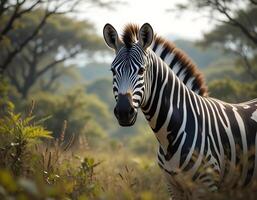 Zebra Standing in Grassy Field with Trees Background photo