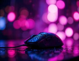 Computer Mouse on Wet Surface with Bokeh Lights photo