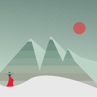 Minimalist artwork featuring a lone figure in a red cloak and traditional hat, standing before layered green mountains with snow peaks. A red sun rises in the sky, evoking a serene Japanese atm vector