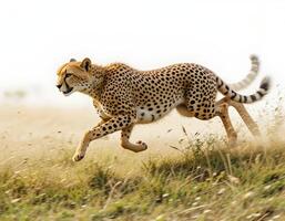 Cheetah Running Fast Across Savannah Landscape in Motion photo